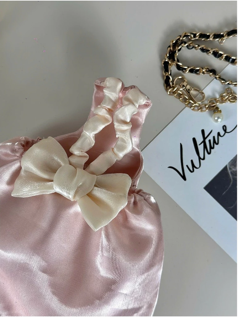 Đầm đính nơ hai dây màu hồng pastel thời trang cao cấp xinh xắn cho thú cưng