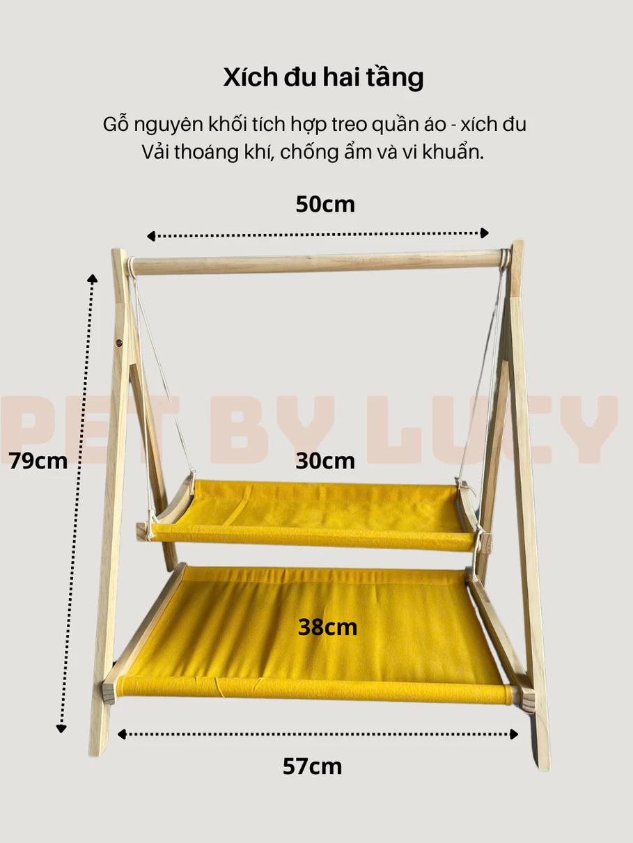 Xích đu - Giường - Võng gỗ thảm hai tầng nguyên khối cho mèo con